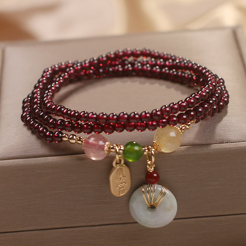KarmaRipple's Authentic Garnet Strawberry Quartz Gemstone Fox Koi Fish Peace Buckle Fortune Protection Triple Wrap Bracelet p14