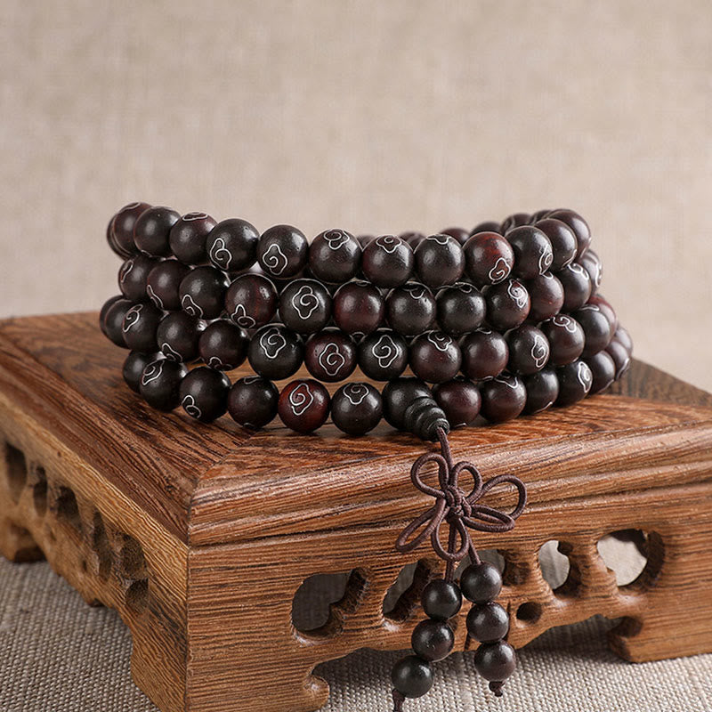 KarmaRipple's 925 Sterling Silver Inlaid Small Leaf Red Sandalwood Om Mani Padme Hum Character Auspicious Clouds Protection Bracelet p23
