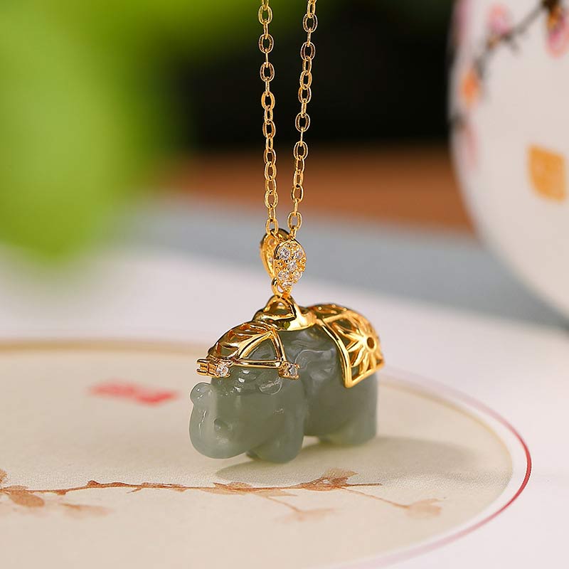 KarmaRipple's 925 Sterling Silver Jade Elephant Blessing Fortune Pendant Chain Necklace p1