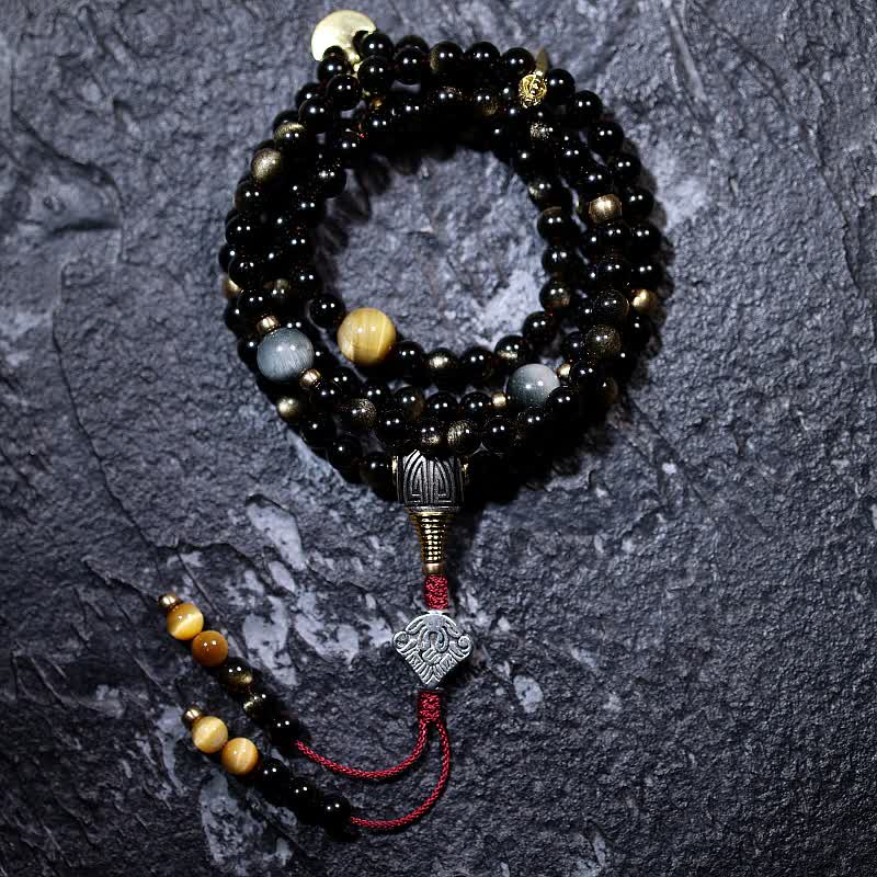 KarmaRipple's 108 Mala Beadwork Gold Sheen Obsidian Tiger Eye Eagle's Eye Stone Wealth Bracelet p1