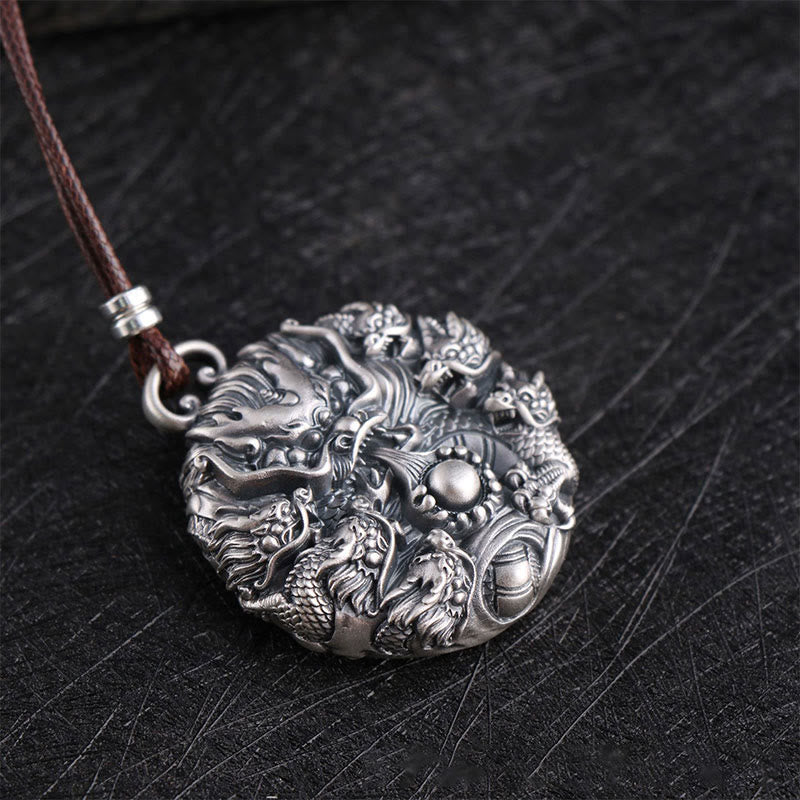 KarmaRipple's 999 Sterling Silver Nine Dragons Playing With A Pearl Fortune Protection Pendant Necklace p6