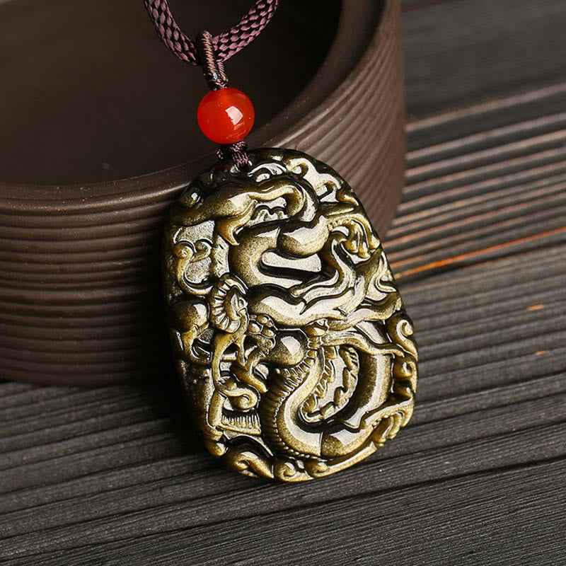 KarmaRipple's Gold Sheen Obsidian Dragon Pattern Success Pendant Necklace p2