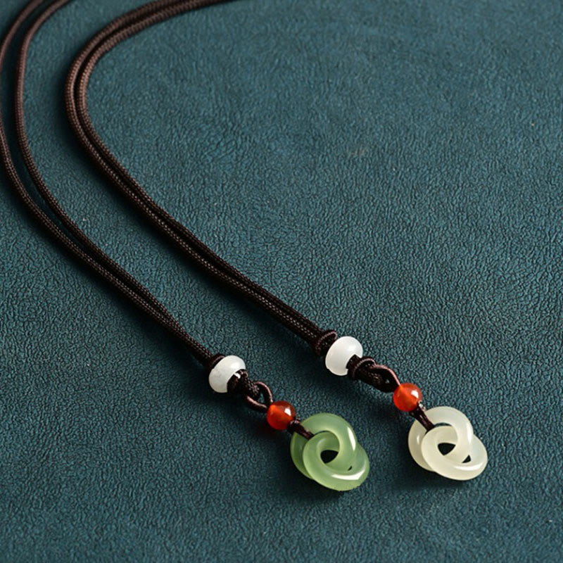 KarmaRipple's Authentic Hetian Cyan Jade Ivory Jade Double Peace Buckle Success Pendant Necklace p11