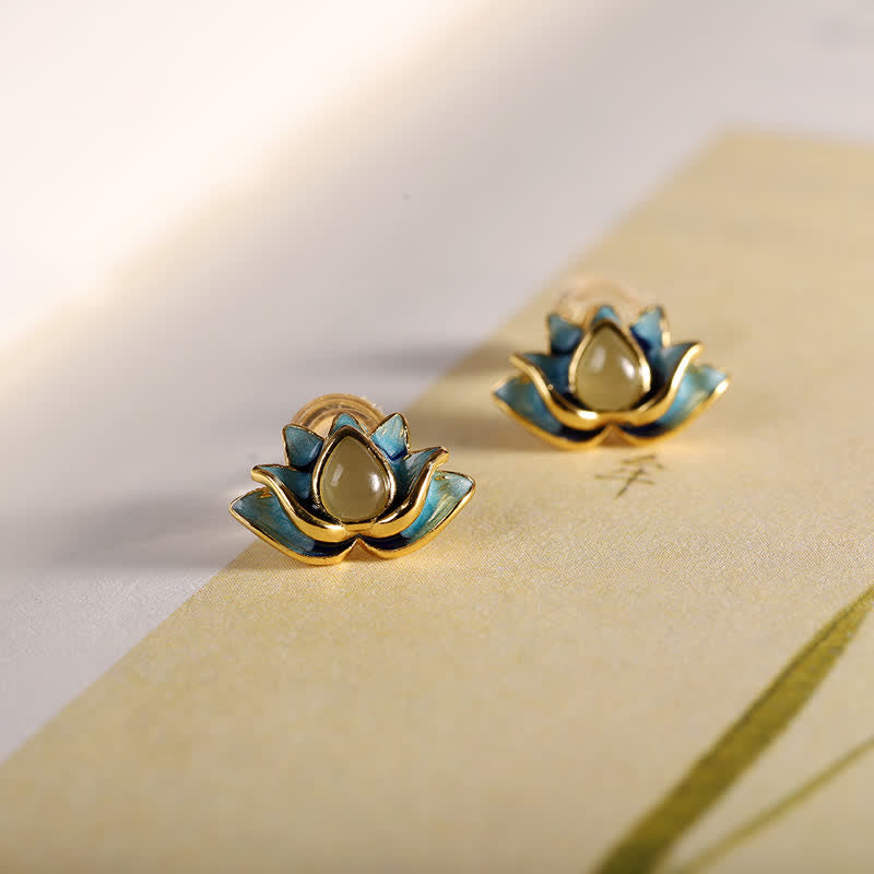 KarmaRipple's 925 Sterling Silver Hetian Cyan Jade Lotus Flower Success Earrings p1