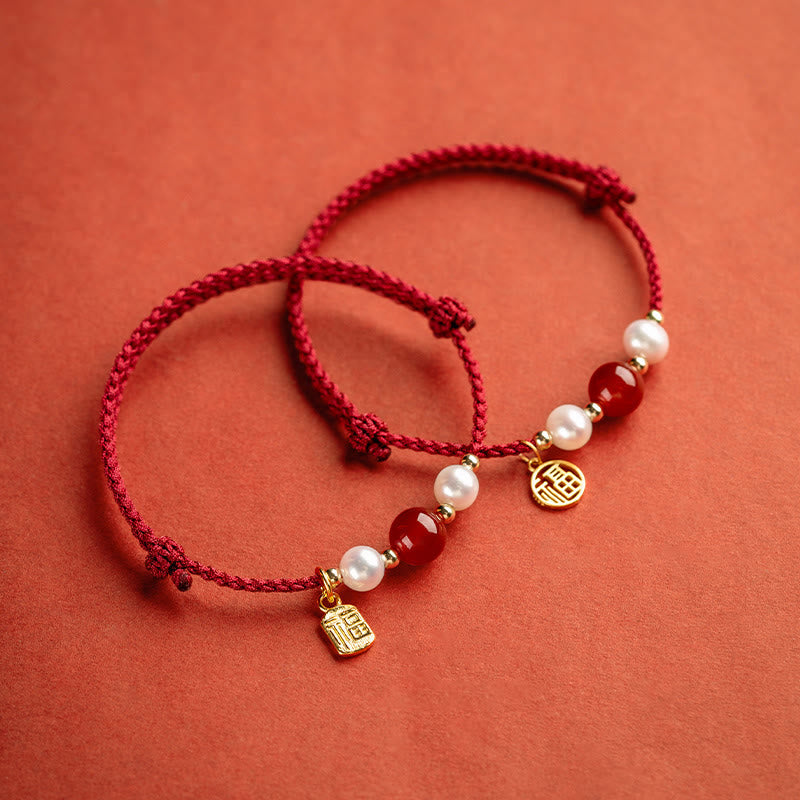 KarmaRipple's 925 Sterling Silver Good Fortune Fu Character Agate Pearl Red String Braid Bracelet p3