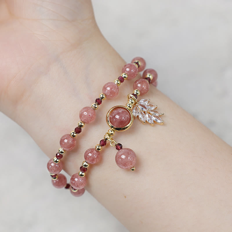 KarmaRipple's Authentic Strawberry Quartz Love Balancing Maple Leaf Talisman Double Wrap Bracelet p8