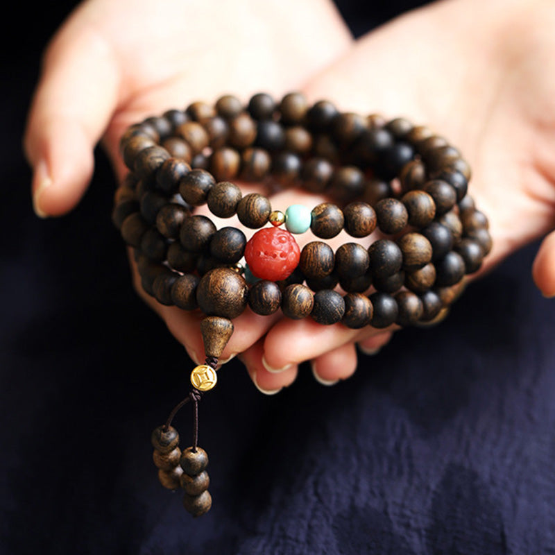 KarmaRipple's 108 Mala Beadwork Agarwood Red Agate Turquoise Peace Meditation Bracelet p3