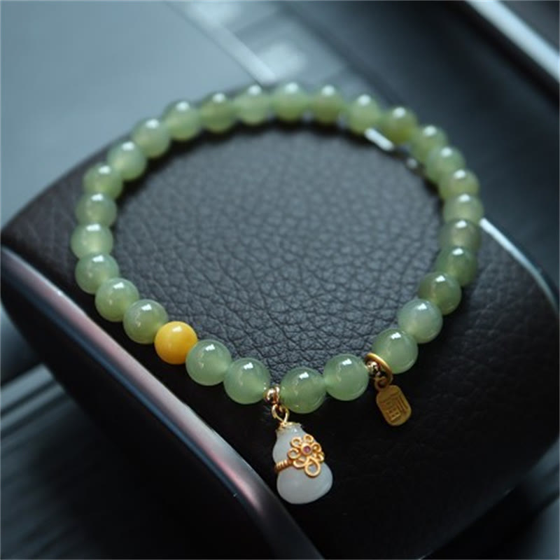 KarmaRipple's 925 Sterling Silver Plated Gold Authentic Hetian Jade Bead Gourd Lotus Bamboo Fu Character Fortune Bracelet p48