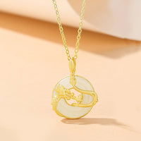 KarmaRipple's 925 Sterling Silver Year of the Dragon Hetian Jade Golden Dragon Phoenix Peace Buckle Fortune Pendant Necklace