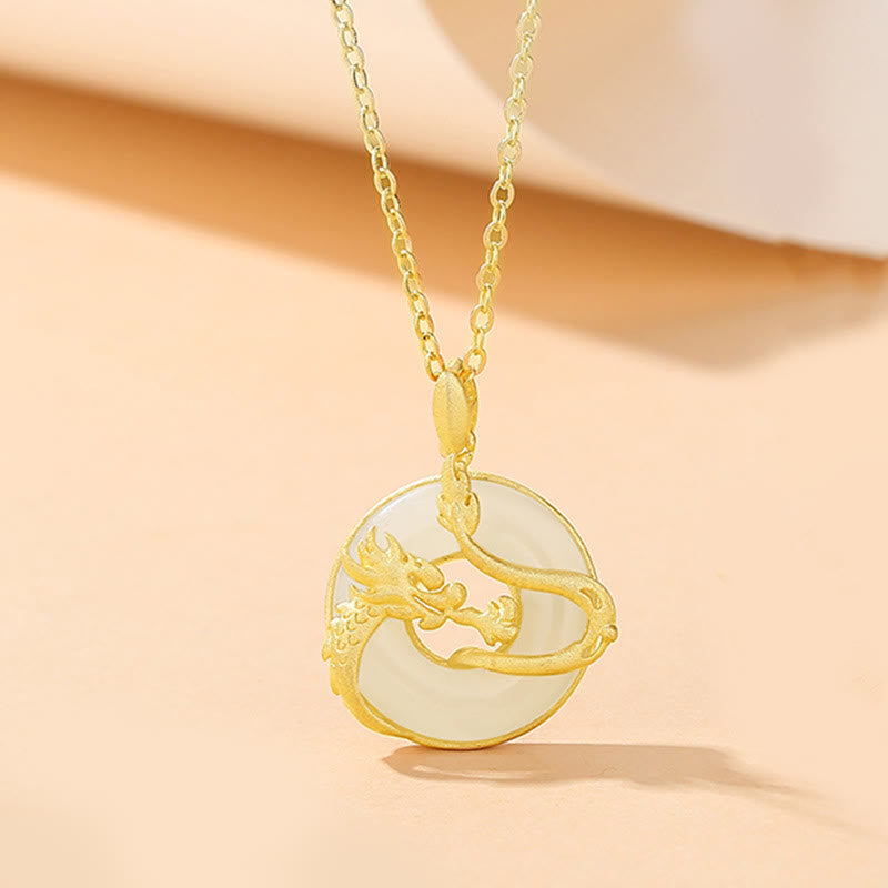 KarmaRipple's 925 Sterling Silver Year of the Dragon Hetian Jade Golden Dragon Phoenix Peace Buckle Fortune Pendant Necklace p14
