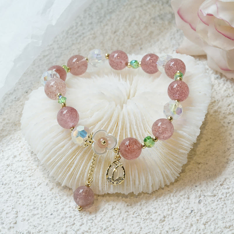 KarmaRipple's Strawberry Quartz Rutilated Quartz Fluorite Flower Balancing Bracelet p9