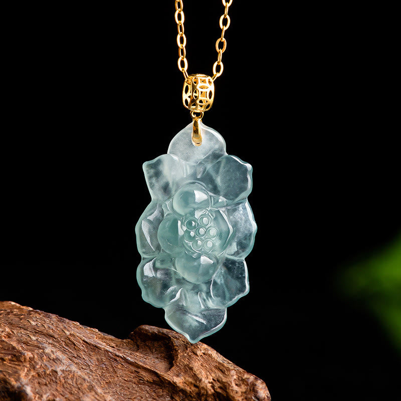 KarmaRipple's 18K Gold Authentic Jade Lotus Pattern Prosperity Pendant Necklace p1