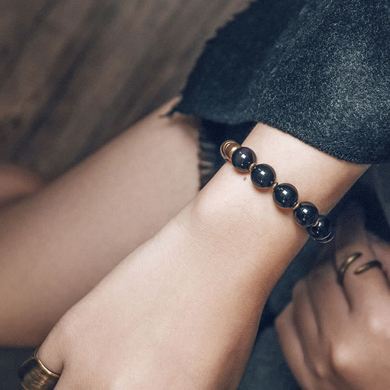 KarmaRipple's Lava Rock Stone Rainbow Obsidian Bronze Support Balancing Bracelet p18