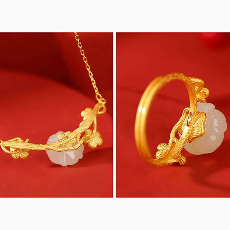 KarmaRipple's 925 Sterling Silver Plated Gold Hetian Jade Plum Blossom Fortune Pendant Necklace Bracelet Bangle Ring p17
