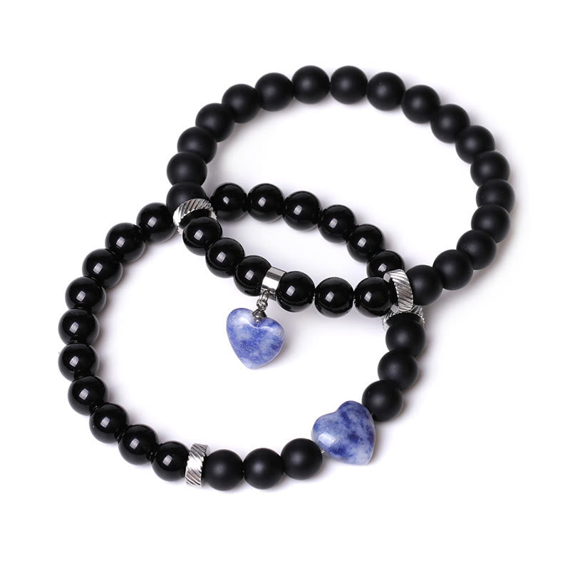 KarmaRipple's 2Pcs Black Onyx Gemstone Stone Love Heart Protection Support Pair Bracelet p28