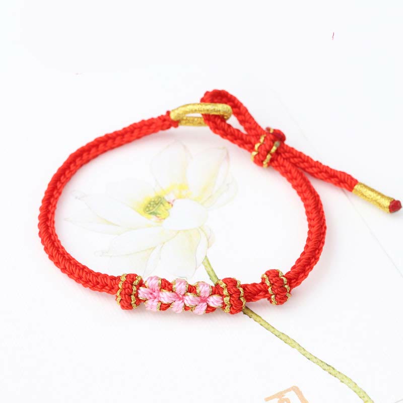 KarmaRipple's Handmade Three Peach Blossoms Fortune Eight Strands Woven String Bracelet p2