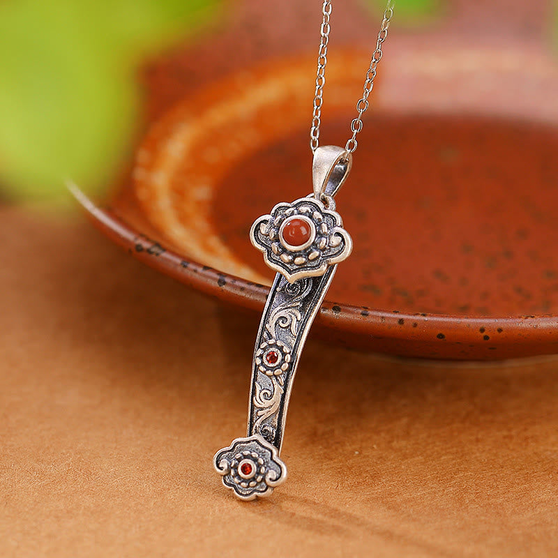 KarmaRipple's 925 Sterling Silver Red Agate Cyan Jade Auspicious Clouds Ruyi Handle Blessing Pendant Necklace p1