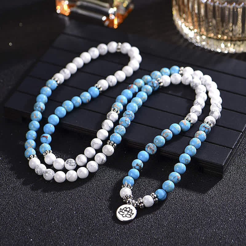 KarmaRipple's 108 Mala Beadwork Ivory Turquoise Emperor Stone Lotus Blessing Bracelet p4