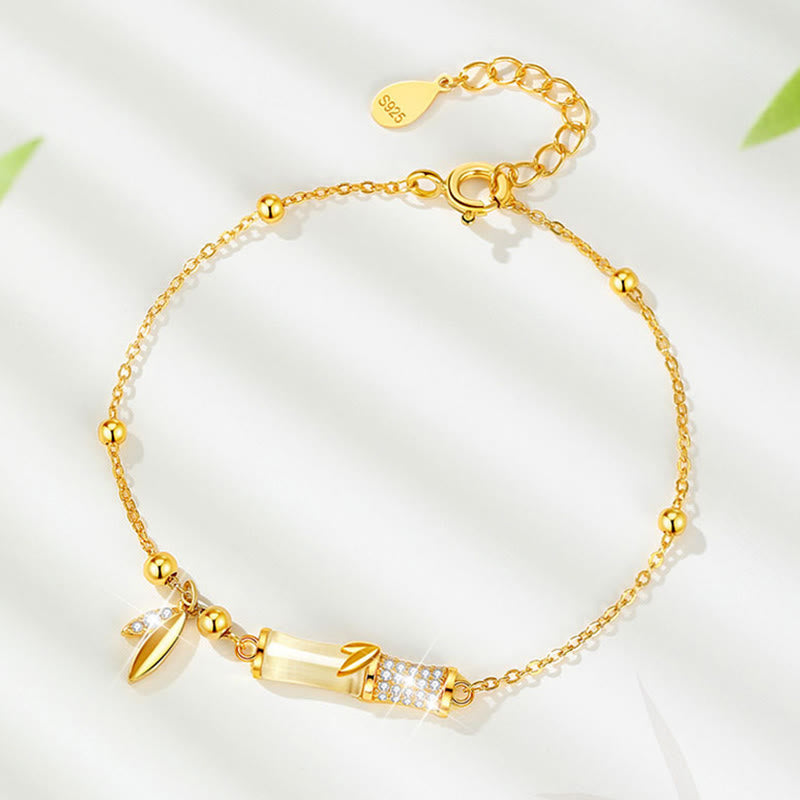 KarmaRipple's 925 Sterling Silver 18K Gold Plated Ivory Jade Bamboo Zircon Leaf Fortune Bracelet p4