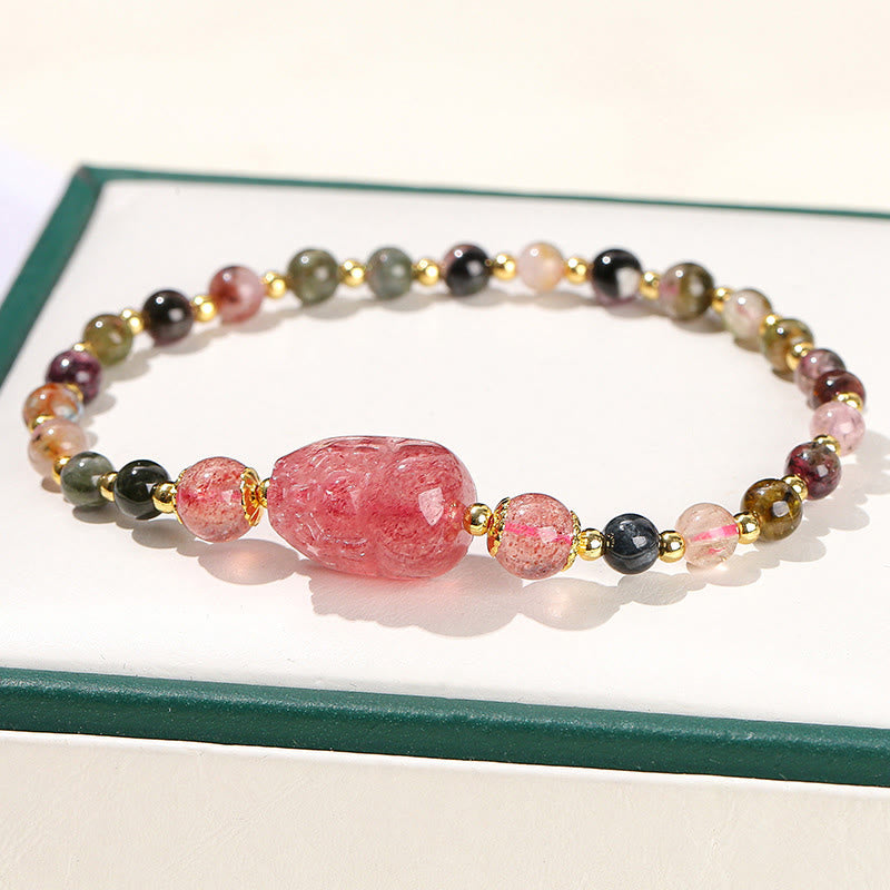 KarmaRipple's Moonstone Strawberry Quartz Tourmaline PiXiu Balancing Bracelet p16