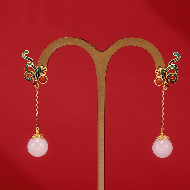 KarmaRipple's Vintage Ivory Jade Red Agate Bead Blessing Drop Dangle Earrings p5