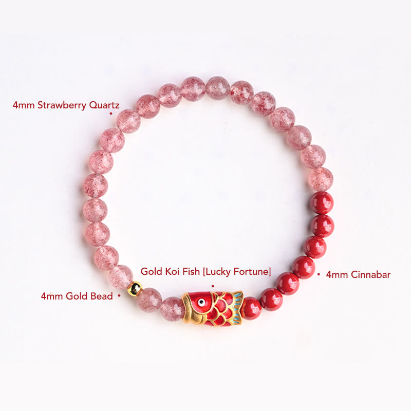 KarmaRipple's Authentic Strawberry Quartz Cinnabar Fortunate Koi Fish Balancing Bracelet p26