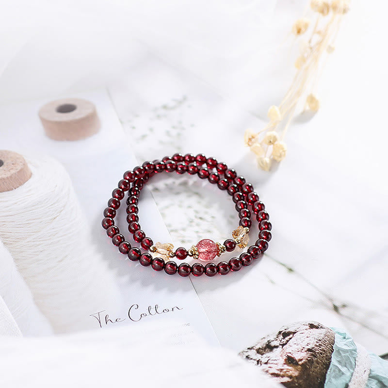 KarmaRipple's 14K Gold Plated Authentic Garnet Strawberry Quartz Butterfly Protection Double Wrap Bracelet p10