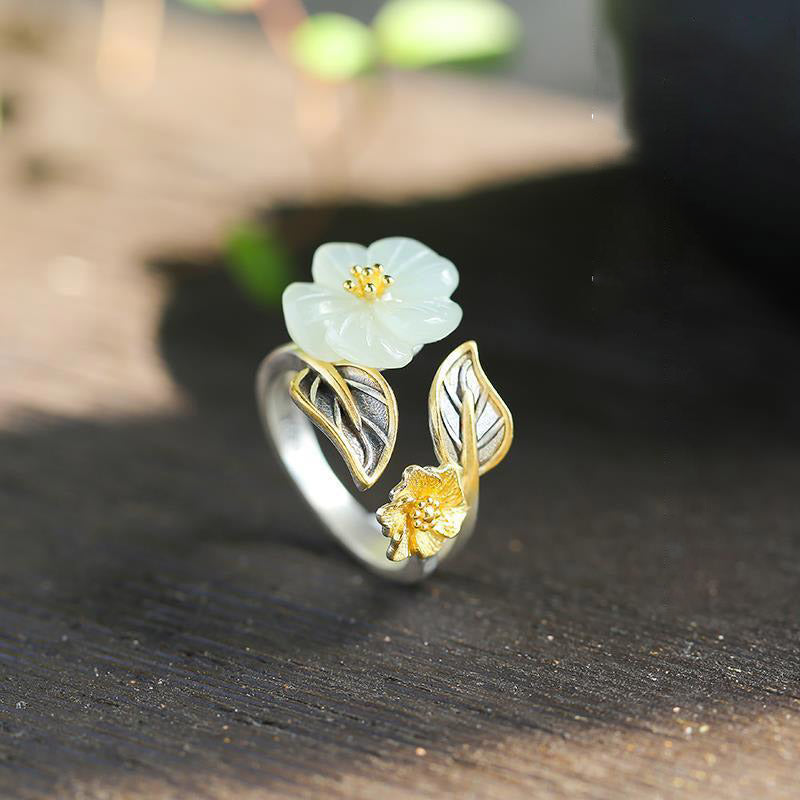 KarmaRipple's 925 Silver Plated Bronze Ivory Jade Plum Flower Leaf Fortune Ring p7