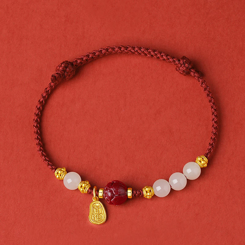 KarmaRipple's 24K Gold Plated Hetian Ivory Jade Cinnabar Lotus Fortune Rope Bracelet p2