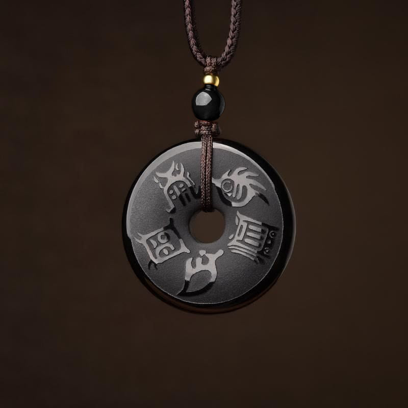 KarmaRipple's Black Obsidian Taoism Five Sacred Mountains Carved Strength Peace Buckle Pendant Necklace Key Chain Phone Hanging Decoration p11