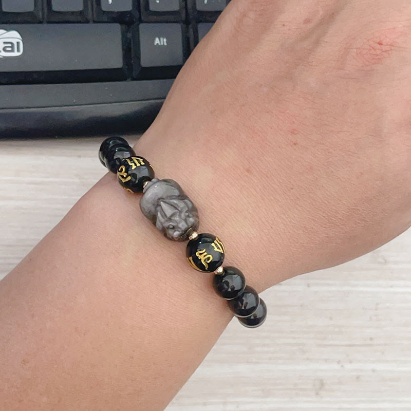 KarmaRipple's Authentic Silver Sheen Obsidian Black Obsidian Om Mani Padme Hum Pixiu Protection Bracelet p7