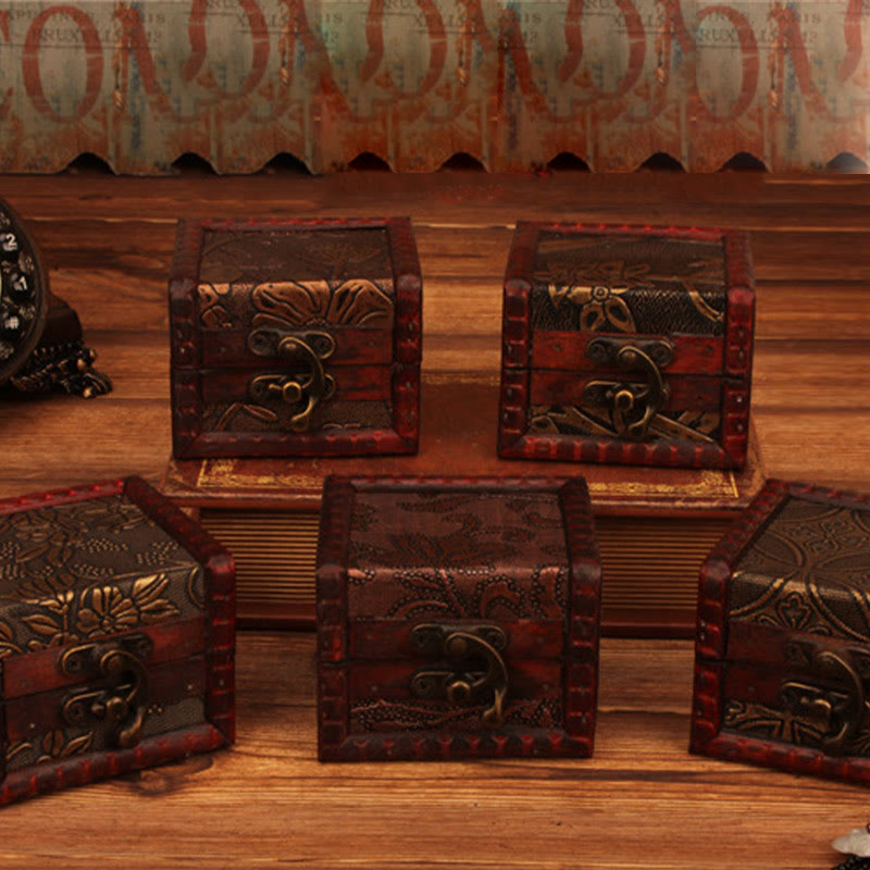 KarmaRipple's Retro Small Square Wood Jewelry Box Lotus Grass Flower Grape Bronze Coin Daffodil Jewelry Storage Box p8