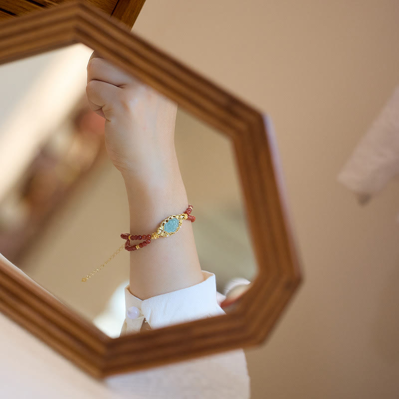 KarmaRipple's 925 Sterling Silver Plated Gold Authentic Red Agate Lotus Jade Calm Double Layer Bracelet p4