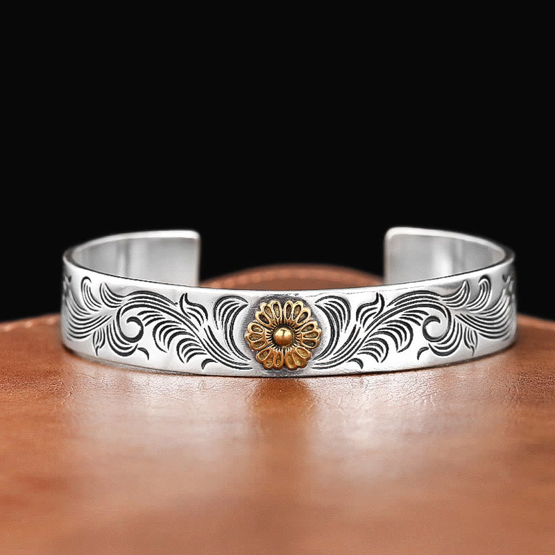 KarmaRipple's Tang Dynasty Flower Design Rose Flower Feather Carved Bronze Fortune Bracelet Bangle p3