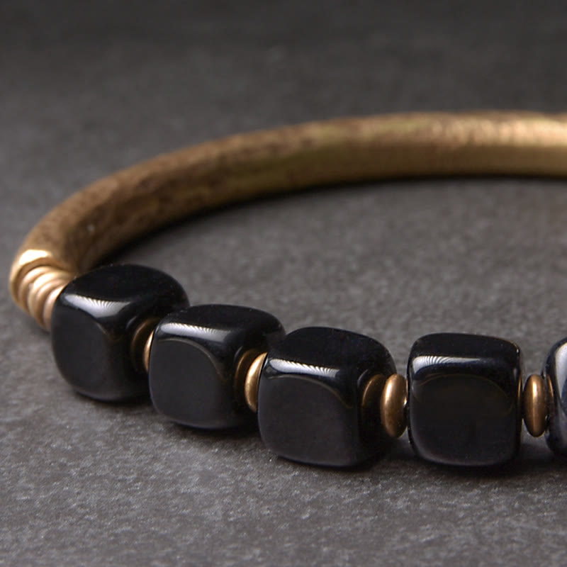 KarmaRipple's Black Obsidian Gemstone Bronze Strength Pair Bracelet p3