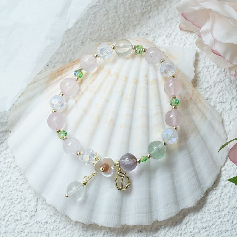 KarmaRipple's Strawberry Quartz Rutilated Quartz Fluorite Flower Balancing Bracelet p27