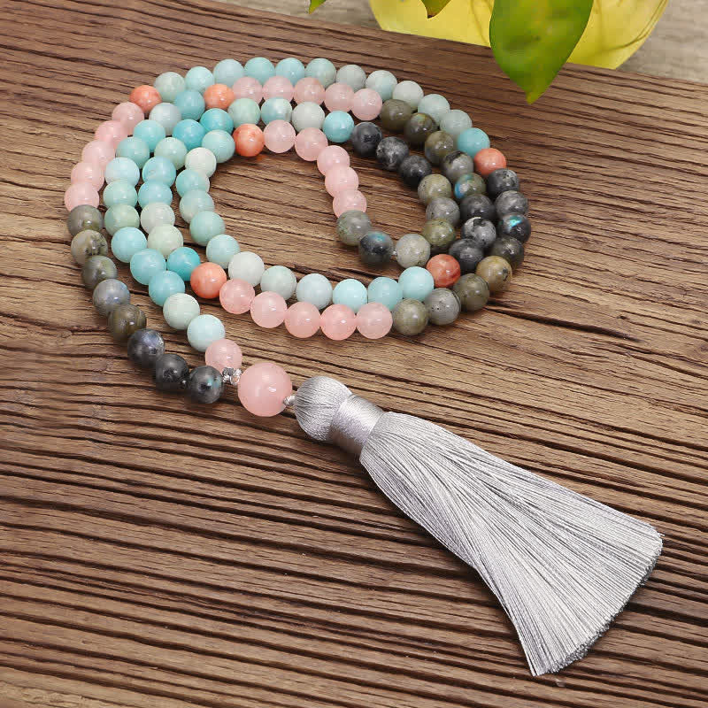 KarmaRipple's 108 Mala Beadwork Amazonite Black Glitter Stone'sitive Tassel Bracelet ( p15
