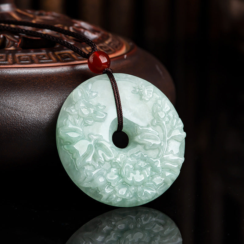 KarmaRipple's Round Jade Peace Buckle Peony Flower Abundance Pendant Necklace p2