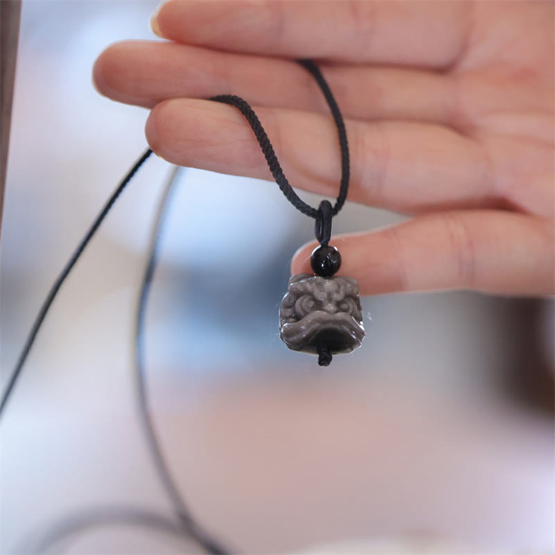 KarmaRipple's Authentic Silver Sheen Obsidian Dancing Lion Protection Pendant Necklace p10