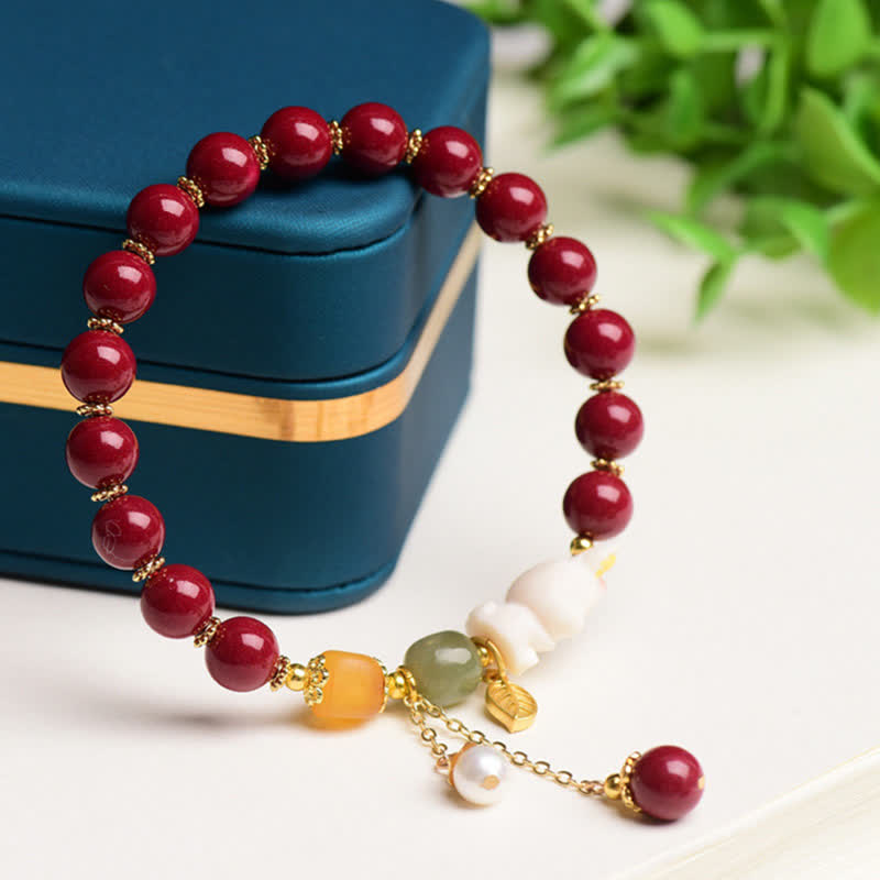 KarmaRipple's Year of the Rabbit Cinnabar Hetian Jade Bunny Beaded Blessing Bracelet p5