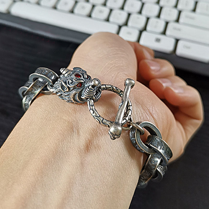 KarmaRipple's 925 Sterling Silver Dragon Kirin Om Mani Padme Hum Success Strength Bracelet Bangle p5