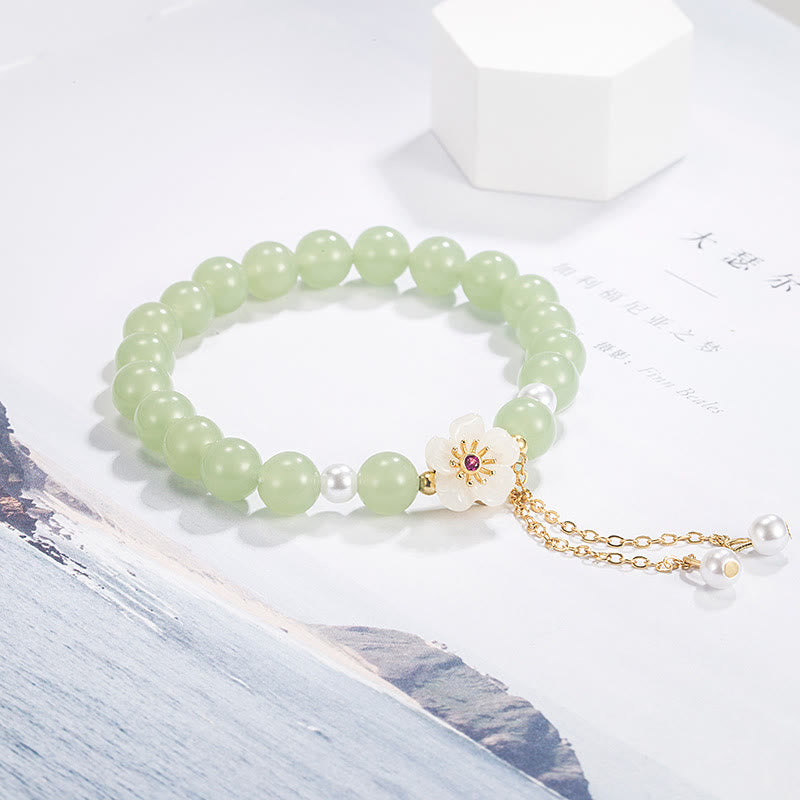 KarmaRipple's Jade Peach Blossom Flower Pearl Fortune Blessing Bracelet p3