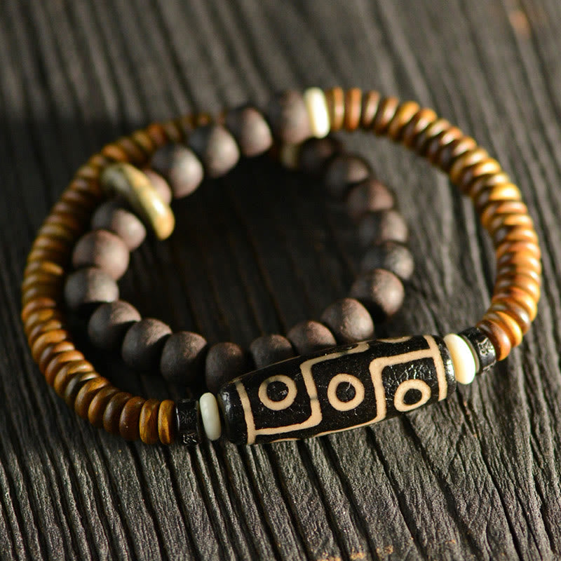 KarmaRipple's Tibetan Nine-Eye Dzi Bead Green Sandalwood Ebony Wood Peace Double Wrap Bracelet p1