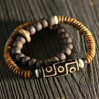 KarmaRipple's Tibetan Nine-Eye Dzi Bead Green Sandalwood Ebony Wood Peace Double Wrap Bracelet