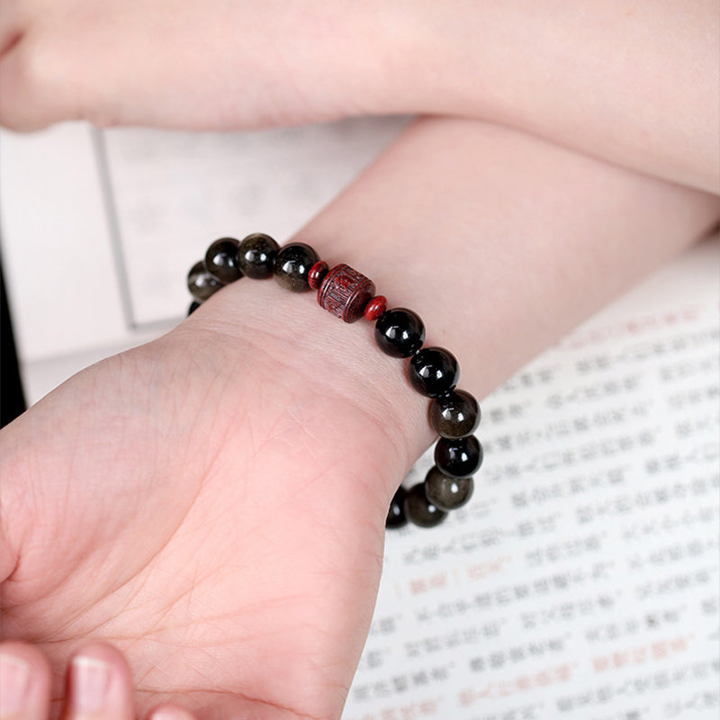 KarmaRipple's Authentic Gold Sheen Obsidian Rainbow Obsidian Om Mani Padme Hum Fu Character Balancing Bracelet p20