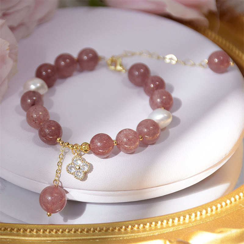 KarmaRipple's Authentic Strawberry Quartz Pearl Four Leaf Clover Love Bracelet p3