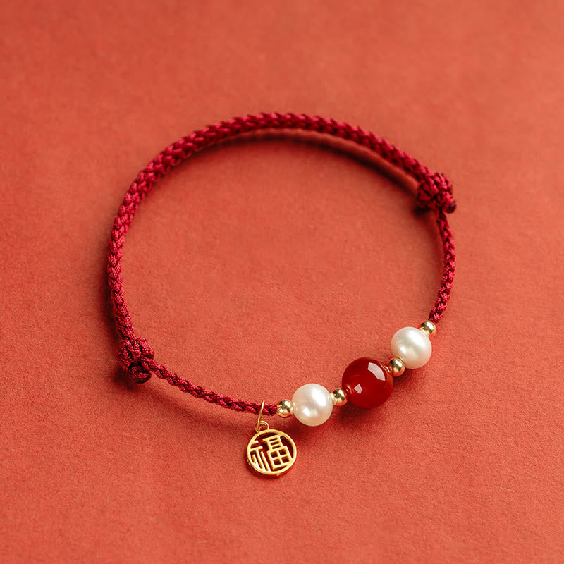 KarmaRipple's 925 Sterling Silver Good Fortune Fu Character Agate Pearl Red String Braid Bracelet p16