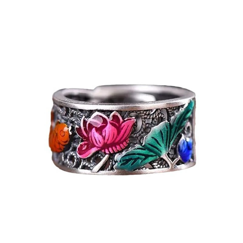 KarmaRipple's Bronze Blue Enamel Lotus Heart Sutra Koi Fish Fortune Ring p11