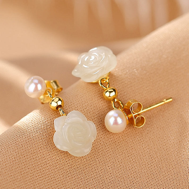 KarmaRipple's 925 Sterling Silver Plated Gold Jade Rose Flower Cyan Jade Pearl Fortune Earrings p6