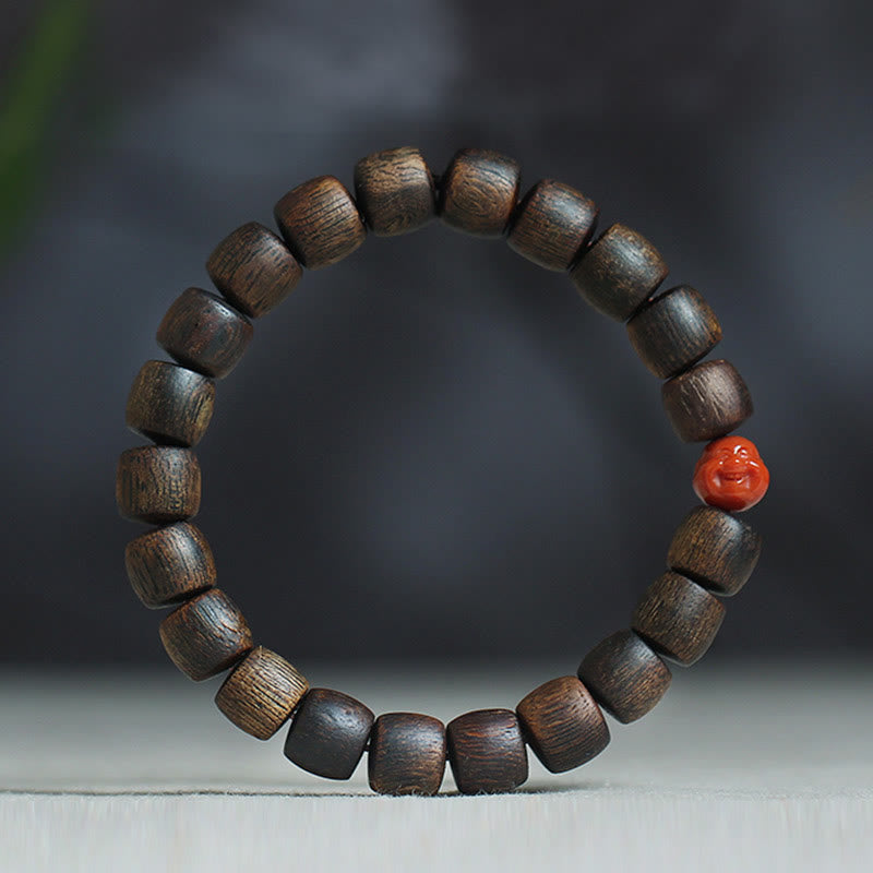 KarmaRipple's Nha Trang Rare Bai Qinan Agarwood Cyan Jade Red Agate Laughing Buddha Tibetan Bone Strength Meditation Bracelet p43